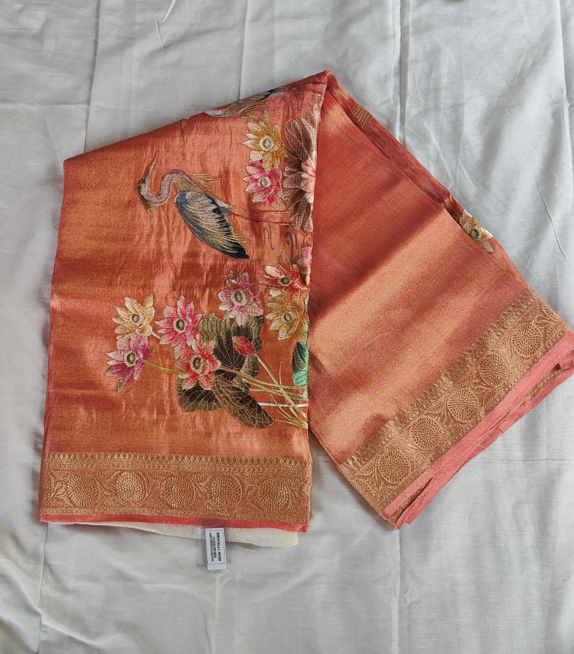 Tissue silk embroidary designer peach saree