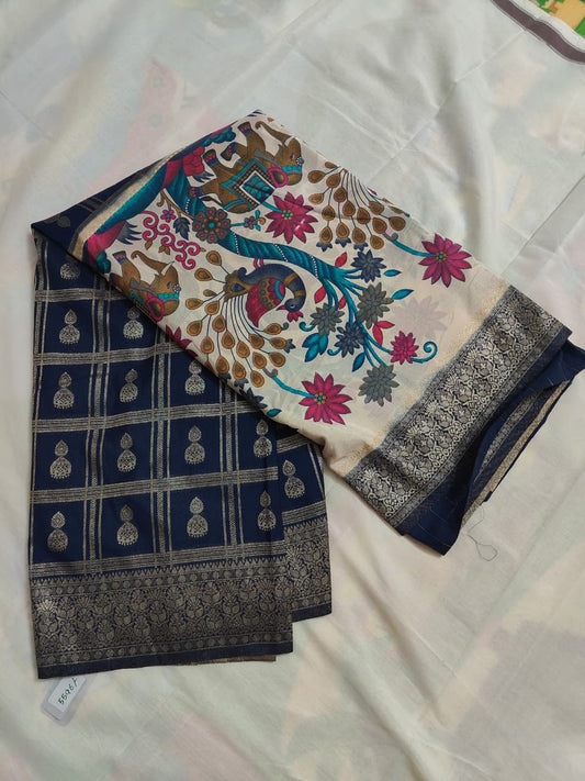Mysore silk Georgette print blue-white ( half and half saree )