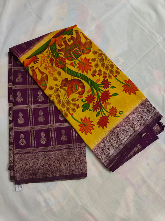 Mysore silk Georgette print purple-yellow ( half and half saree )