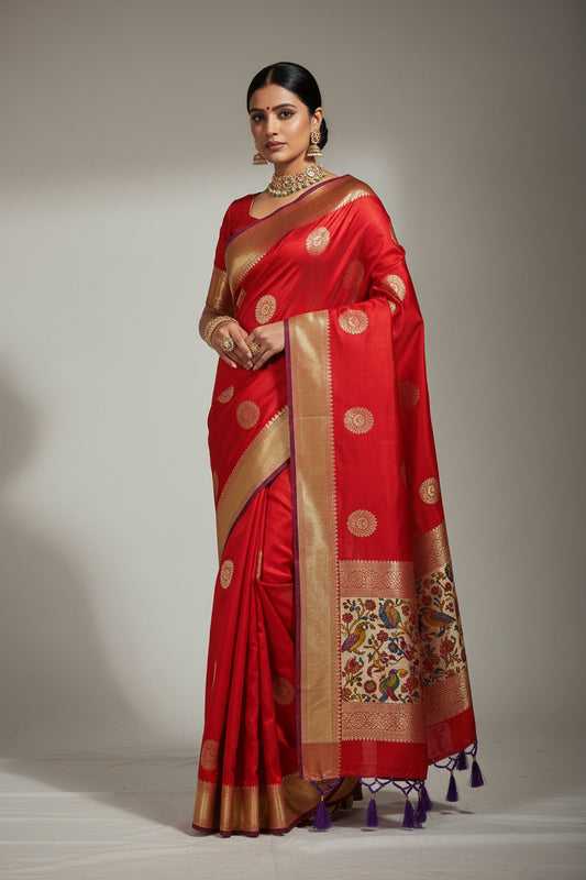 Red with purple silk saree