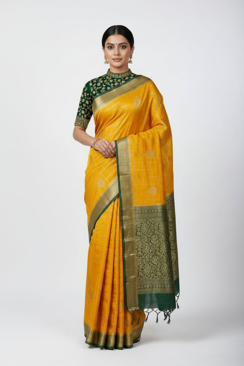 Mysore silk yellow with green border