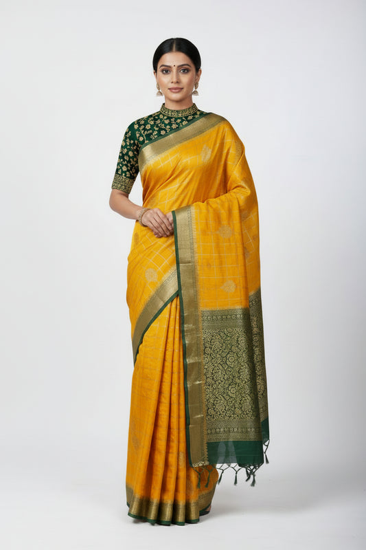 Mysore silk yellow with green border