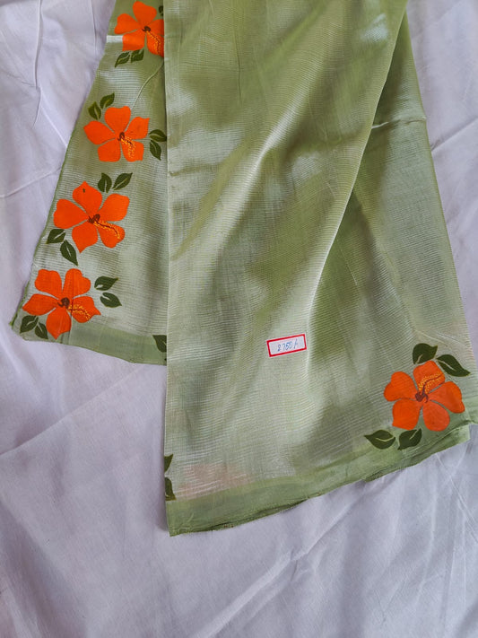 Green saree with orange flowers HAND PRINT