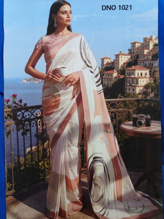Peach white saree satin