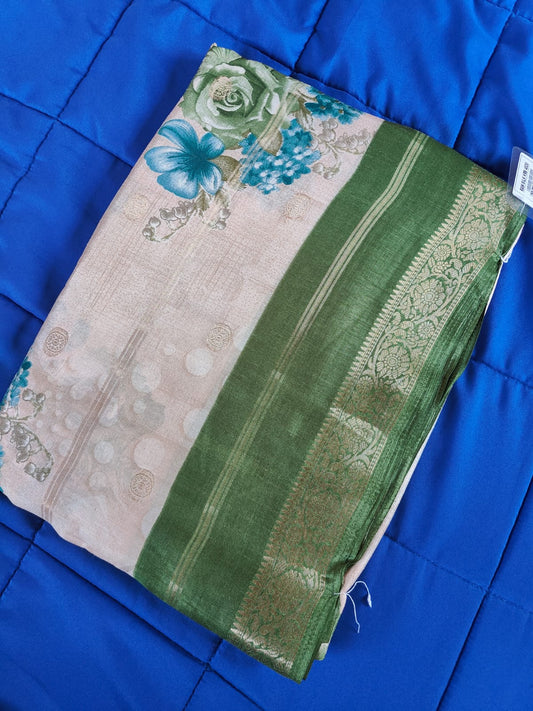 Green border with green flower design raw silk