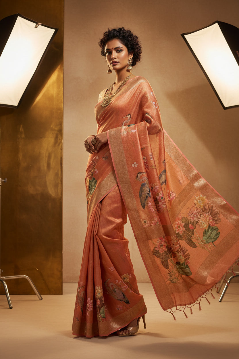 Tissue silk embroidary designer peach saree