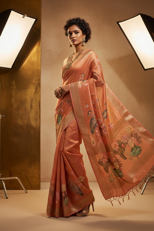 Tissue silk embroidary designer peach saree