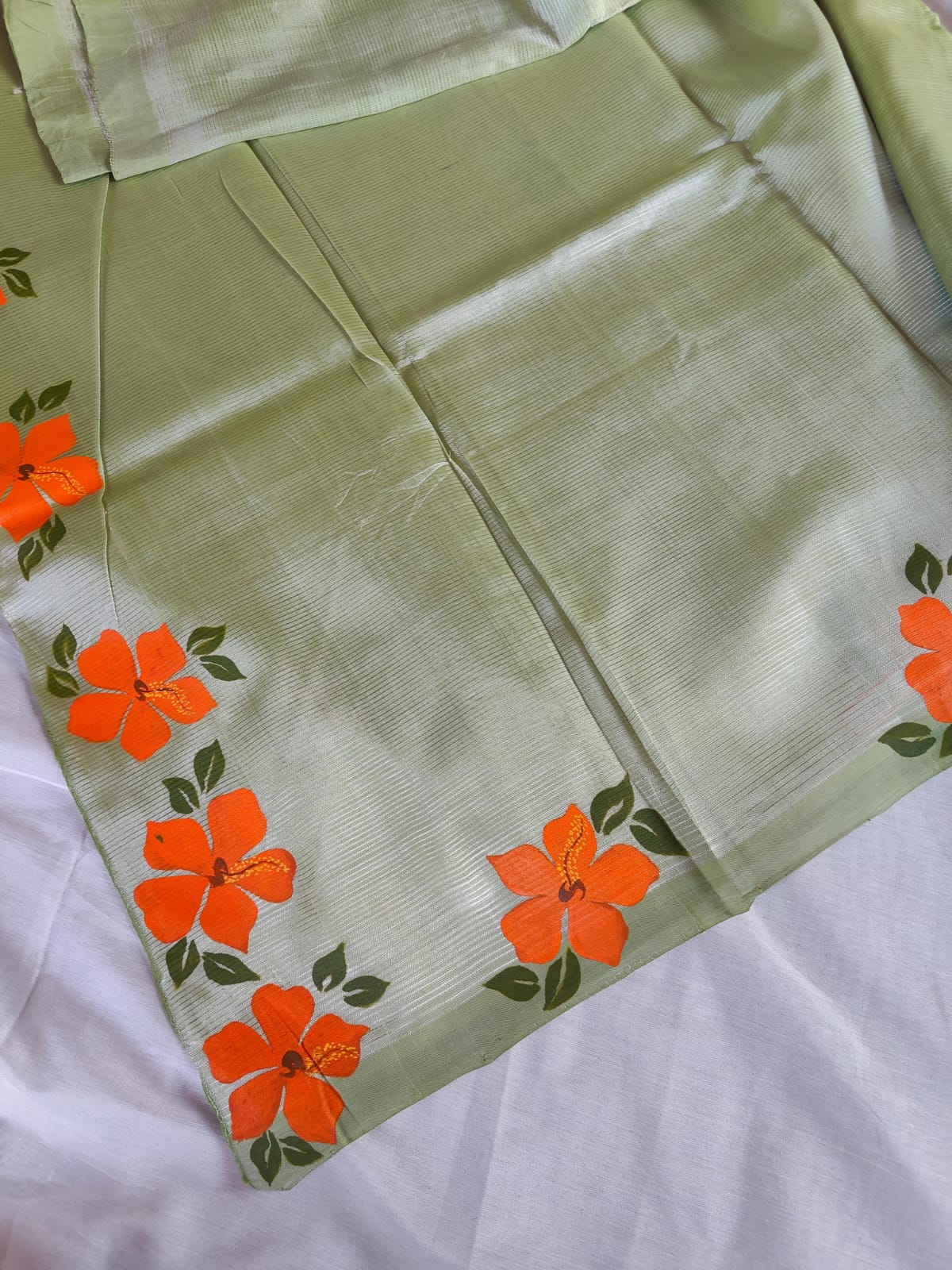 Green saree with orange flowers HAND PRINT