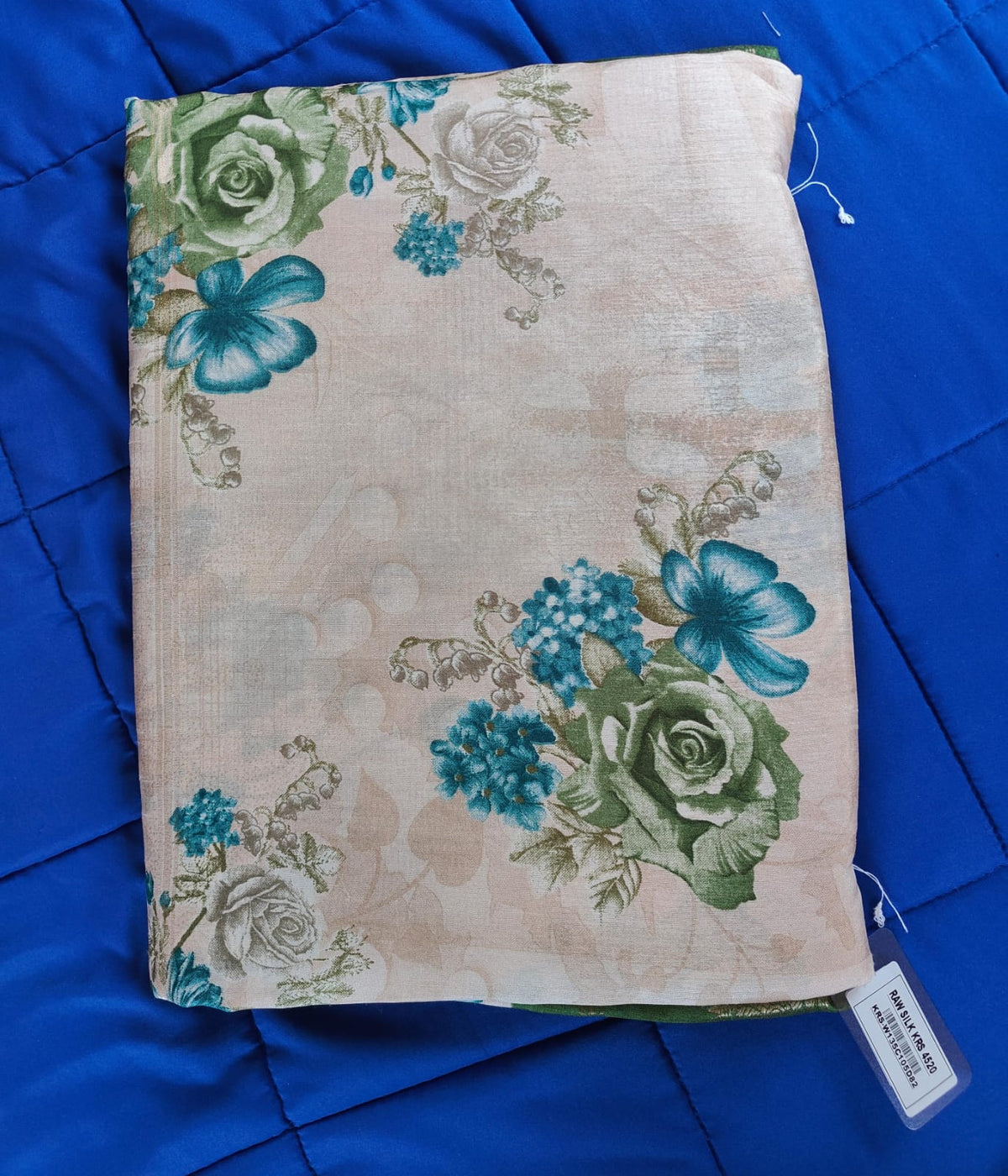 Green border with green flower design raw silk