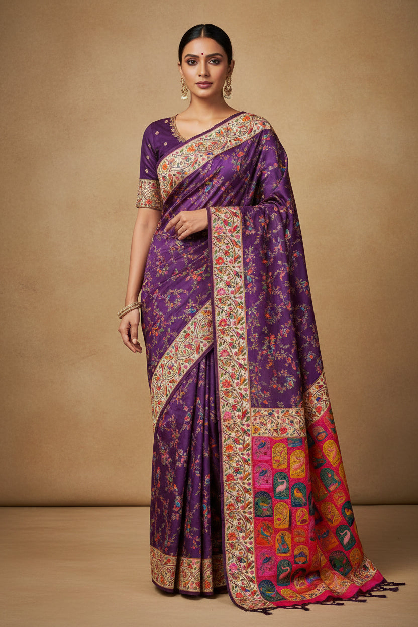Gajji silks purple with white design saree