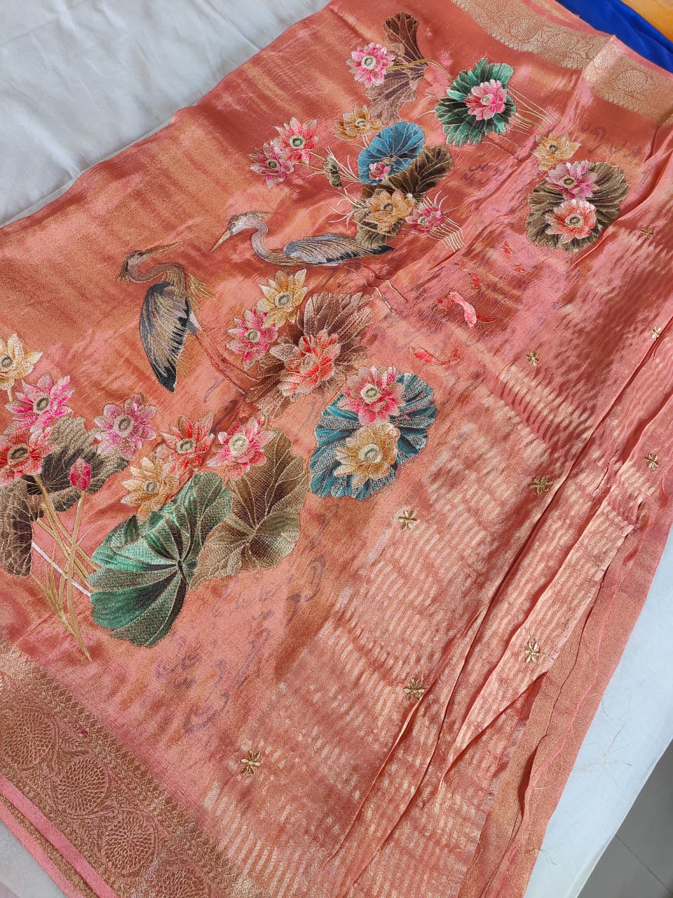 Tissue silk embroidary designer peach saree